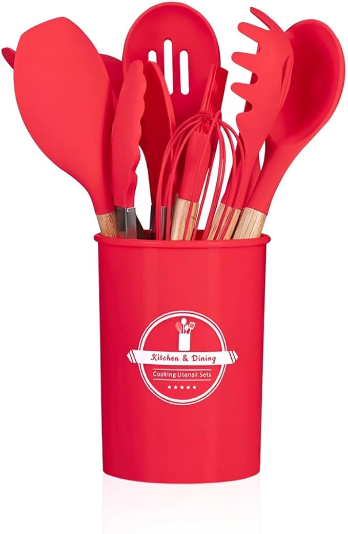 Kit Utensílios de Cozinha 12Pçs - Silicone e Cabo de Madeira - Vermelho / Madeira