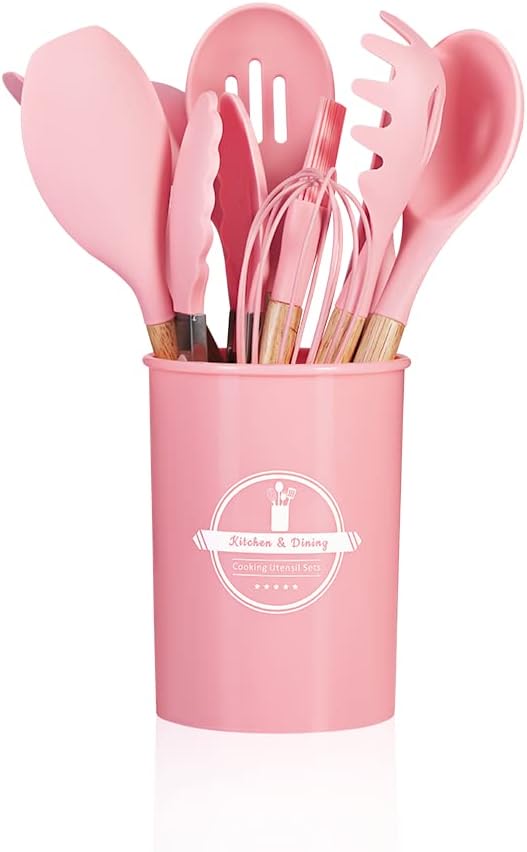 Kit Utensílios de Cozinha 12Pçs - Silicone e Cabo de Madeira - Rosa / Madeira