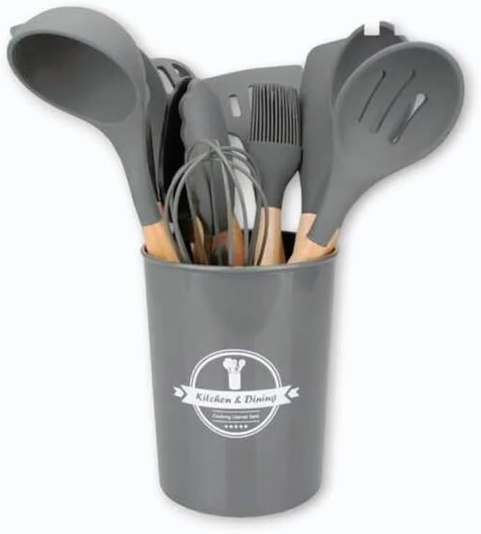 Kit Utensílios de Cozinha 12Pçs - Silicone e Cabo de Madeira- Cinza / Madeira