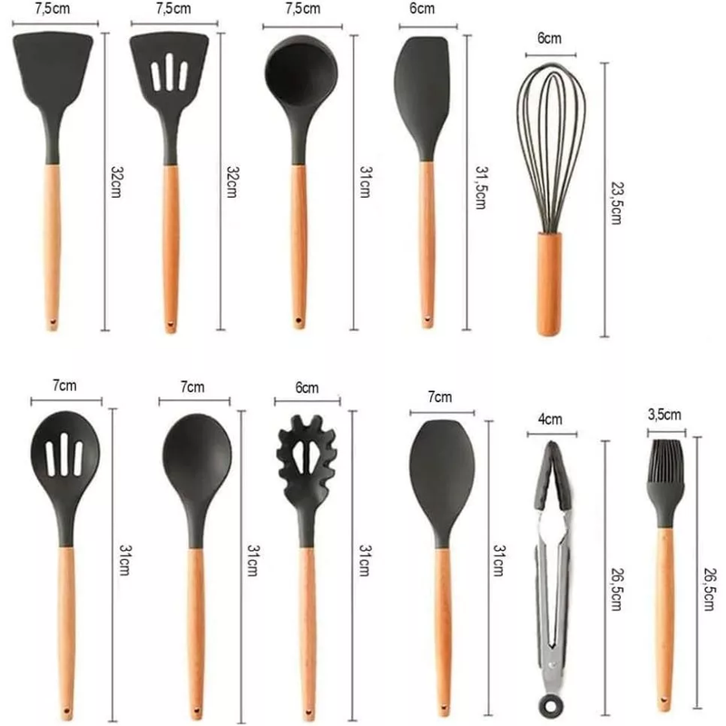 Kit Utensílios de Cozinha 12Pçs - Silicone e Cabo de Madeira- Cinza / Madeira