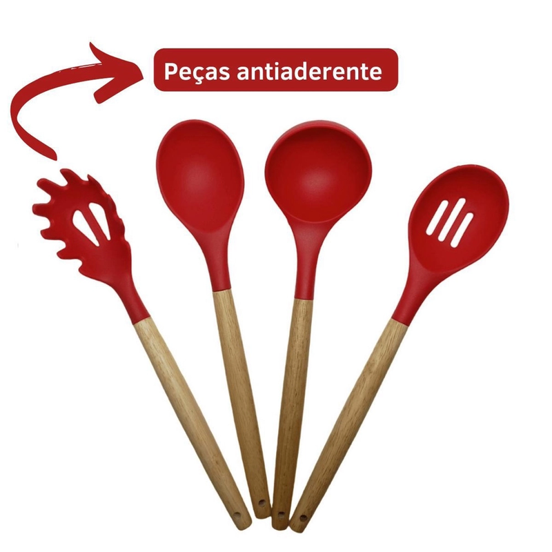 Kit Utensílios de Cozinha 12Pçs - Silicone e Cabo de Madeira - Vermelho / Madeira