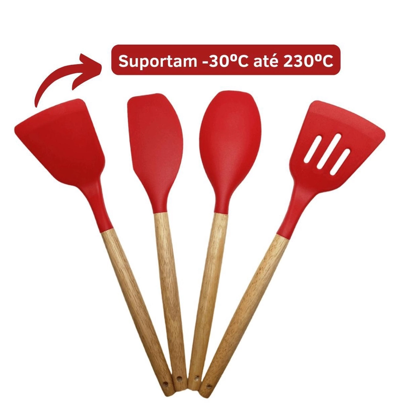 Kit Utensílios de Cozinha 12Pçs - Silicone e Cabo de Madeira - Vermelho / Madeira