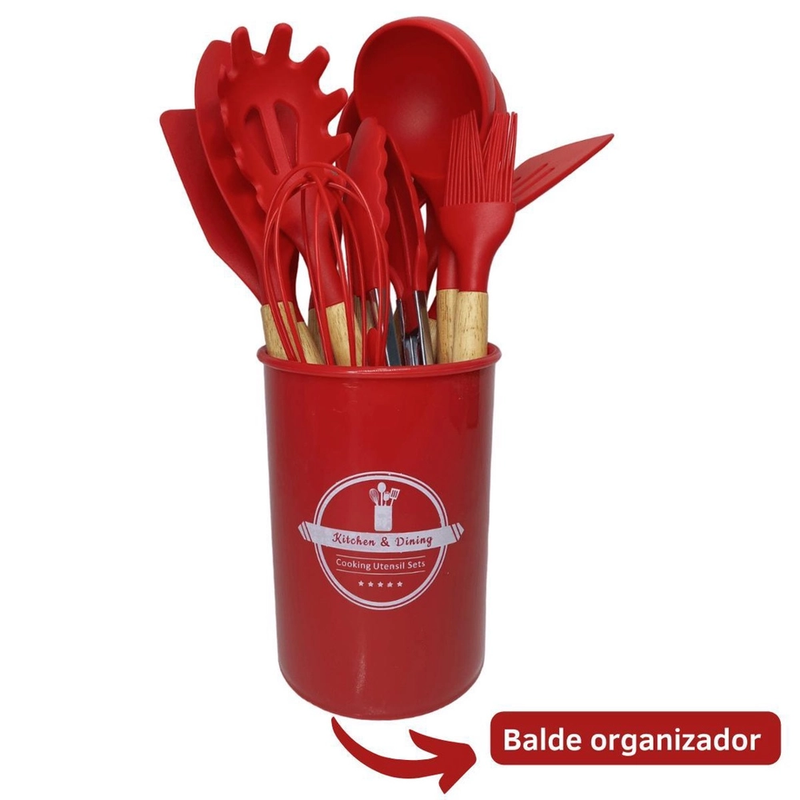 Kit Utensílios de Cozinha 12Pçs - Silicone e Cabo de Madeira - Vermelho / Madeira