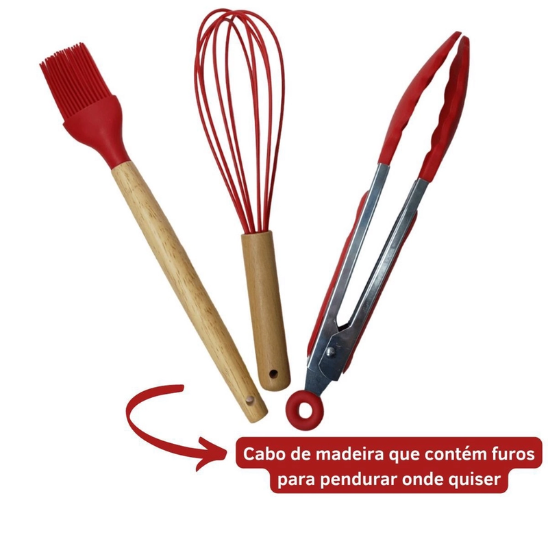 Kit Utensílios de Cozinha 12Pçs - Silicone e Cabo de Madeira - Vermelho / Madeira