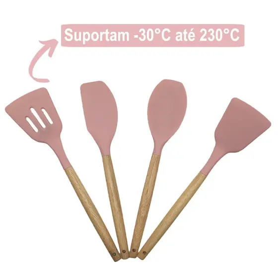 Kit Utensílios de Cozinha 12Pçs - Silicone e Cabo de Madeira - Rosa / Madeira