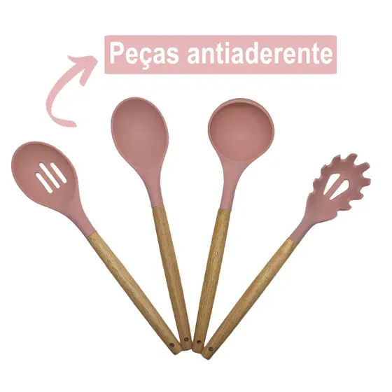 Kit Utensílios de Cozinha 12Pçs - Silicone e Cabo de Madeira - Rosa / Madeira