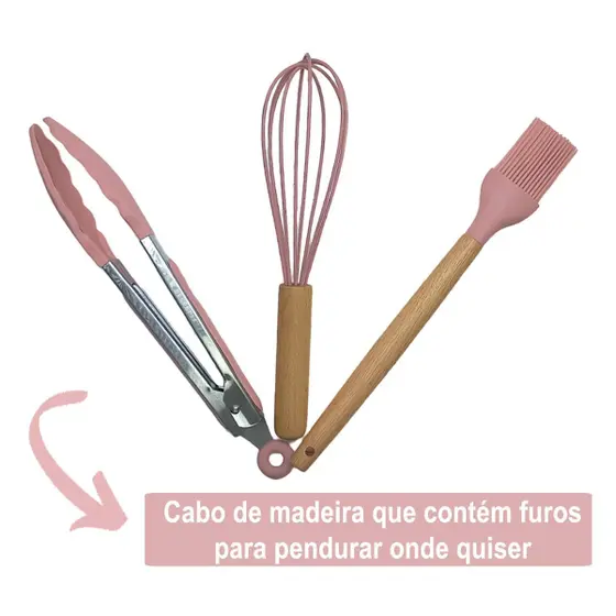 Kit Utensílios de Cozinha 12Pçs - Silicone e Cabo de Madeira - Rosa / Madeira