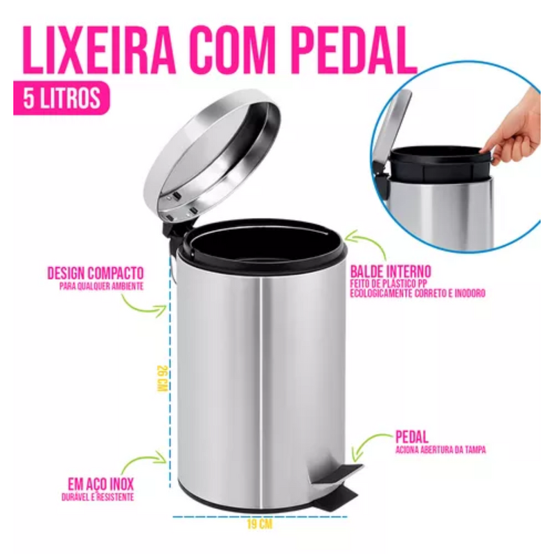 Lixeira Inox 5L com Escova Sanitária