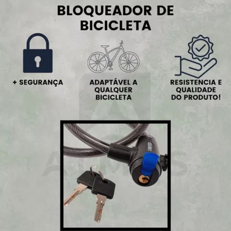 Cadeado Bloqueador Trava de Bicicleta com Chave e Suporte - Cabo de Aço Reforçado